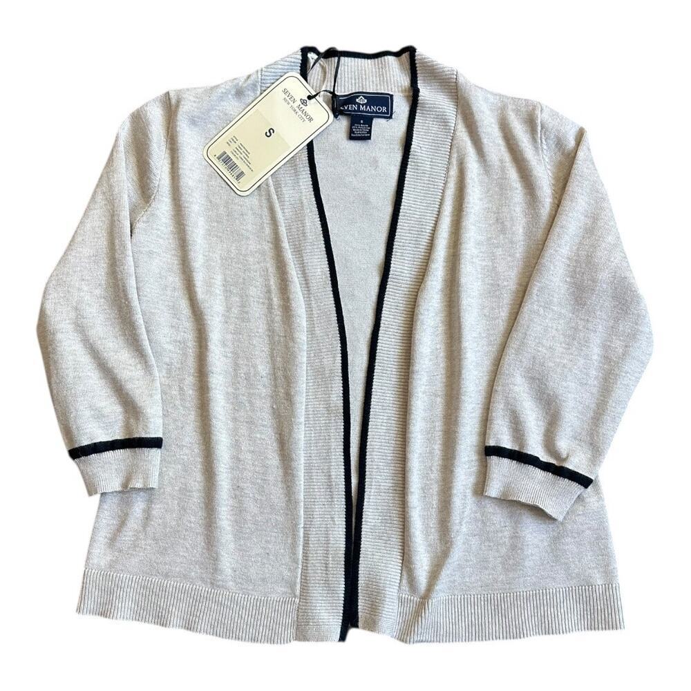 Seven Manor NYC beige open-front sweater with 3/4 length sleeves small cardigan​